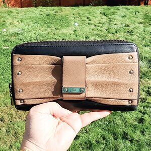 Chloe June Bow Embellished Black Tan leather long zippy wallet